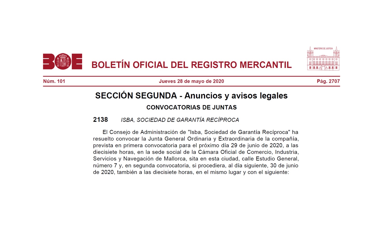 Convocatoria de Junta General Ordinaria y Extraordinaria de ISBA SGR